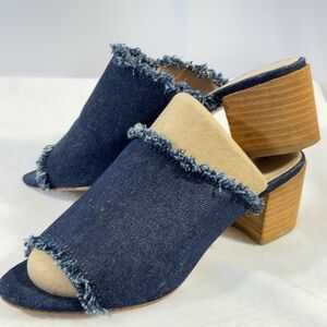 Pelle Moda Blue Denim Frayed Mules Stacked Brown 2” Heel Beach Party Resort 6.5